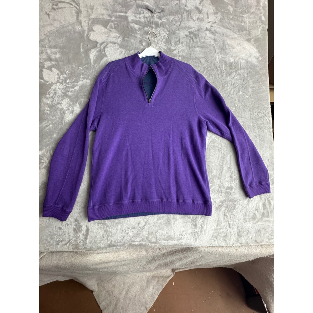 Tommy Bahama‎ Mens Reversible Quarter Zip Sweater Purple Blue Cotton Large 1330
